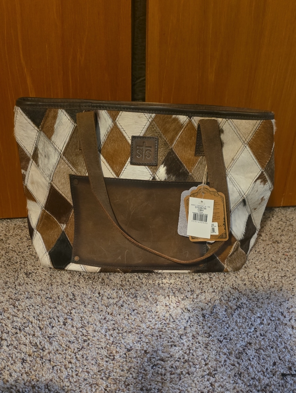 STS Ranchwear Brown, White & Black Patchwork Haircalf Leather Tote